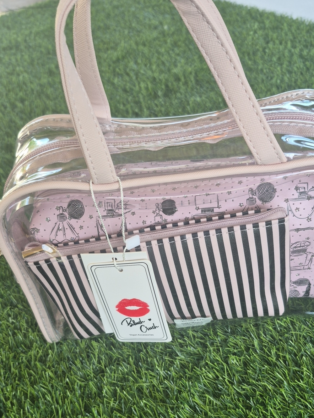 Pink Clear Tote with Striped Pouch by
